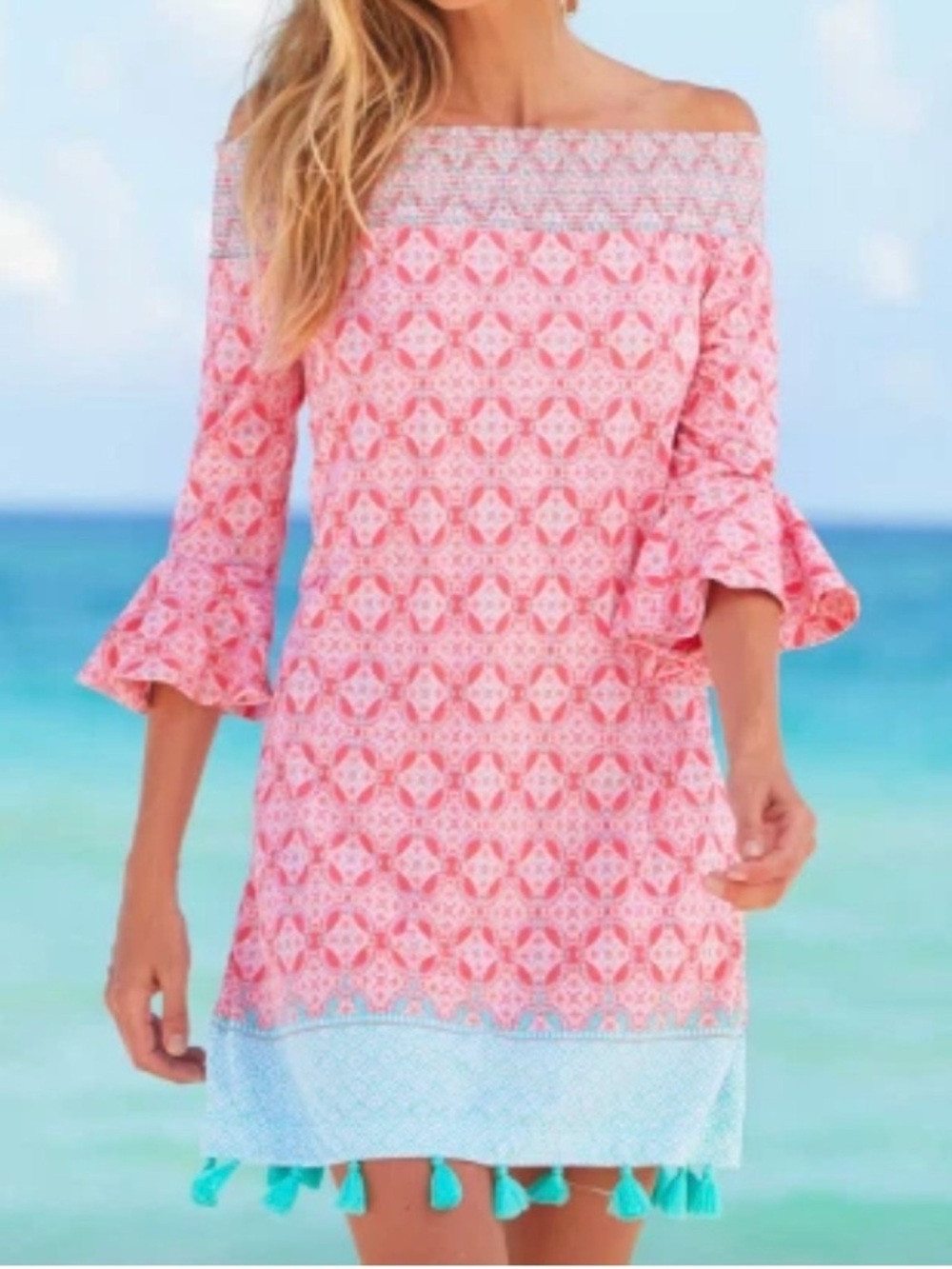 Cabana Life Pink Off-Shoulder Tassel Hem Dress